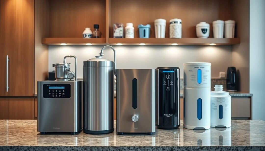 A sleek, modern kitchen interior with a focus on a collection of various whole house water distiller systems. In the foreground, a high-quality stainless steel unit with an intuitive digital display sits prominently on the granite countertop. Behind it, a multi-stage reverse osmosis system and a steam-powered distiller are neatly arranged, showcasing their intricate components and efficient designs. The middle ground features a countertop alkaline ionizer and a UV light purifier, each with clear explanatory diagrams. In the background, shelves hold additional water filtration accessories, creating a comprehensive display of the diverse options available for whole house water distillation. Warm, even lighting accentuates the clean, minimalist aesthetic, inviting the viewer to appreciate the technical sophistication and practical benefits of these state-of-the-art water treatment solutions.