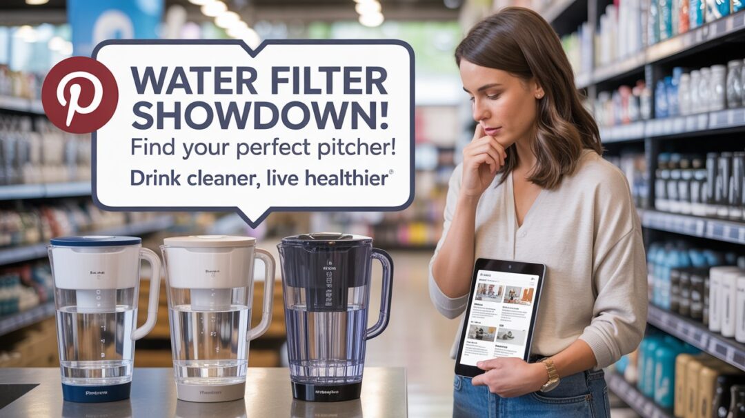A lifestyle advertisement featuring three different water filter pitchers displayed side-by-side on a sleek, modern store shelf, with a casually dressed person thoughtfully comparing them while holding a tablet displaying product reviews. The scene is brightly lit with soft, natural light highlighting the pitchers' transparent designs and showcasing their filtration capabilities, set against a blurred background of a well-stocked home goods store. A large, stylized Pinterest pin overlay reads "Water Filter Showdown: Find Your Perfect Pitcher!" in bold, environmental-friendly fonts, accompanied by the tagline "Drink Cleaner, Live Healthier" in a smaller, elegant typeface, creating an inviting and informative aesthetic.