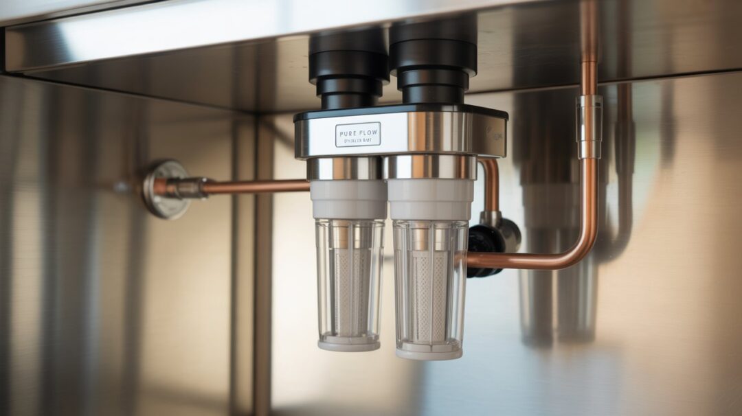 A photograph of a sleek, stainless steel under-sink water filter system installed in a modern kitchen cabinet. The filter system features multiple stages with clear housings revealing the different filtration components inside and is connected to copper pipes. A small, silver label on the system reads "PURE FLOW" and is neatly visible. Soft, diffused light illuminates the system, highlighting its metallic sheen and creating a clean, functional aesthetic.