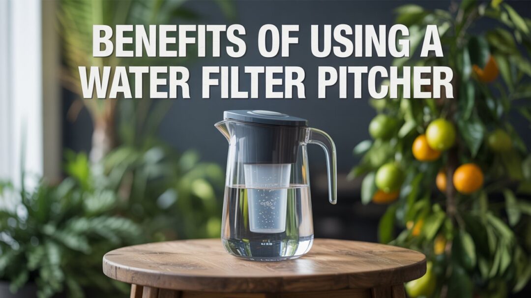 A Pinterest-style infographic poster titled "Benefits of Using a Water Filter Pitcher" showcasing a sleek, modern water filter pitcher with a clear glass pitcher and a dark grey filter cartridge. The pitcher sits on a rustic wooden table against a backdrop of lush greenery and vibrant citrus fruits, symbolizing purity and freshness. Soft, natural light illuminates the scene, highlighting the pitcher's design and emphasizing the "clean water" aesthetic, with the bold, environmental fonts of the title clearly visible. The overall composition is inviting and conveys the health and environmental benefits of using a water filter pitcher, with the text appearing as "Benefits of Using a Water Filter Pitcher".