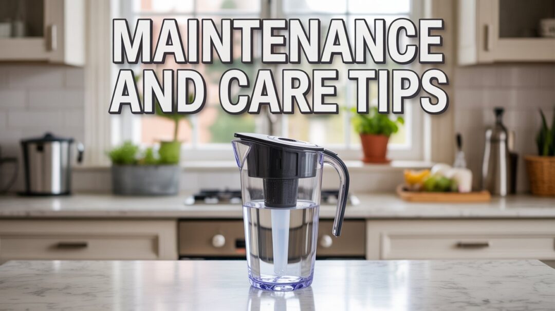 A stylish Pinterest pin featuring the title "Maintenance and Care Tips" in bold, environmentally-inspired fonts. The central focus is a sleek, modern water filter pitcher sitting on a light-colored kitchen countertop with a subtle marble pattern. Soft, diffused natural light streams in from a nearby window, highlighting the pitcher’s clean lines and reflective surface while the background subtly reveals stainless steel appliances and a few potted herbs. The overall composition aims for a clean and inviting aesthetic, suggesting a healthy and organized home environment.