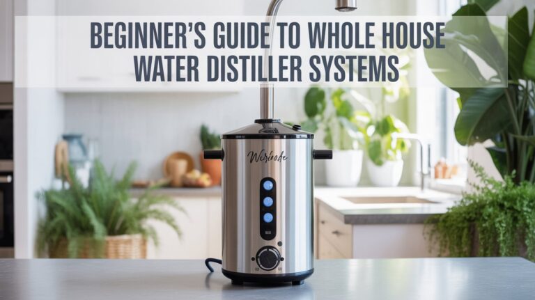 A stylish Pinterest pin promoting "Beginner's Guide to Whole House Water Distiller Systems" with an emphasis on environmental sustainability. The central focus is a sleek, modern whole-house water distiller system, rendered in brushed stainless steel with glowing blue indicator lights, positioned against a clean white background. Behind the distiller, subtly blurred, are lush green plants and a glimpse of a sunlit kitchen, symbolizing purity and health. The text "Beginner's Guide to Whole House Water Distiller Systems" appears prominently at the top in a bold, eco-friendly font, encouraging viewers to learn more about clean water solutions.