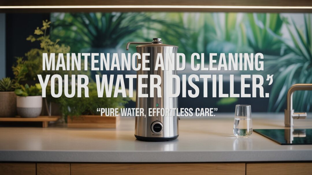 A stylish product shot advertisement designed as a Pinterest pin for a premium water distiller, featuring a sleek, stainless-steel distiller prominently displayed on a clean, light-wood countertop. The background subtly incorporates a blurred image of lush greenery and a refreshing glass of water, illuminated with soft, natural light highlighting the distiller’s modern design and emphasizing purity. The pin's title, “Maintenance and Cleaning Your Water Distiller,” is displayed in a bold, environmentally-themed font ("Bebas Neue" or similar) across the top, while a smaller tagline below the distiller reads, “"Pure Water, Effortless Care."” The overall aesthetic is clean, minimalist, and inviting, evoking a sense of health, sustainability, and effortless well-being, aligning with a conscious consumer audience.