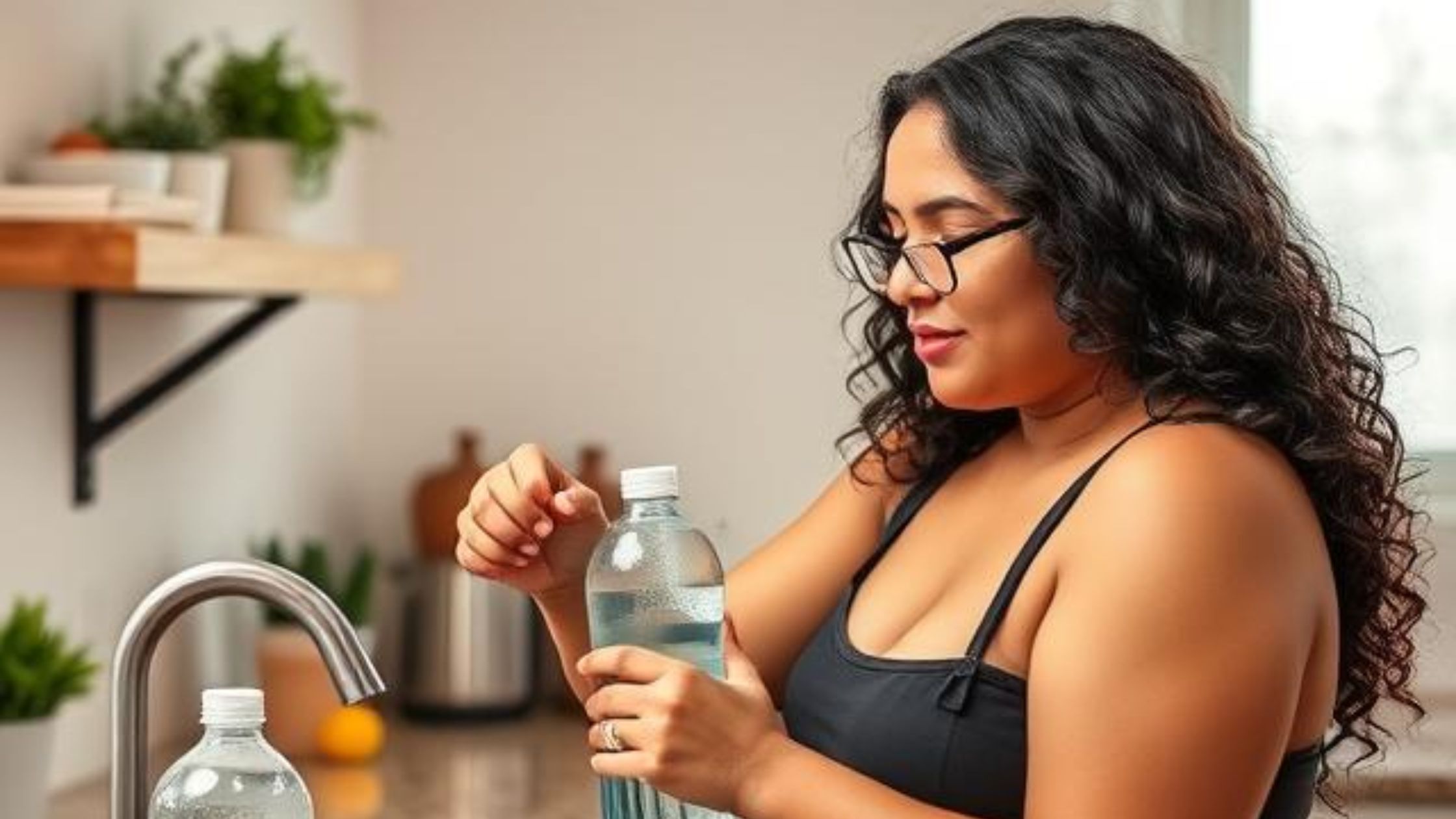 a curvy latina woman making mineral water in a kitchen