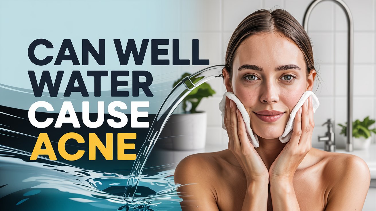 A brightly lit informational flyer for "Can Well Water Cause Acne", with the title prominently displayed in bold, centered lettering. The flyer features a close-up of a young woman with clear skin gently washing her face with a soft cloth in a modern bathroom setting. Behind her, a blurred image of a well and flowing water subtly suggests the connection to the flyer's topic. The background is a calming, neutral tone with a hint of blue to evoke cleanliness and health.