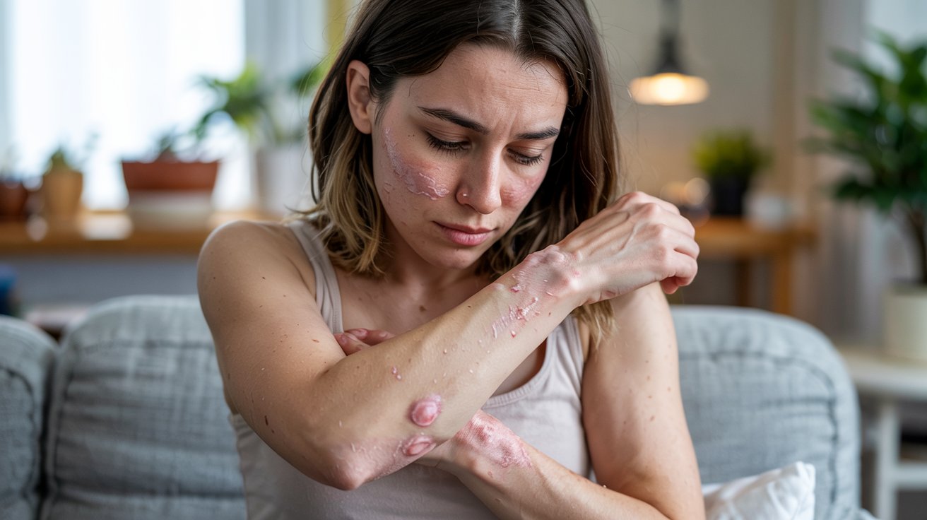 A photograph depicting a young woman experiencing an eczema flare-up, focusing on the texture and appearance of her skin. She has gentle eyes and a slightly melancholic expression, her arms gently crossed as if protecting the irritated skin on her forearms. The affected areas display redness, scaling, and small bumps against her otherwise fair skin, with subtle variations in color creating visual depth. Soft, natural light illuminates the scene, highlighting the textures and emphasizing the vulnerability of the moment, set against a blurred background of a cozy living room.