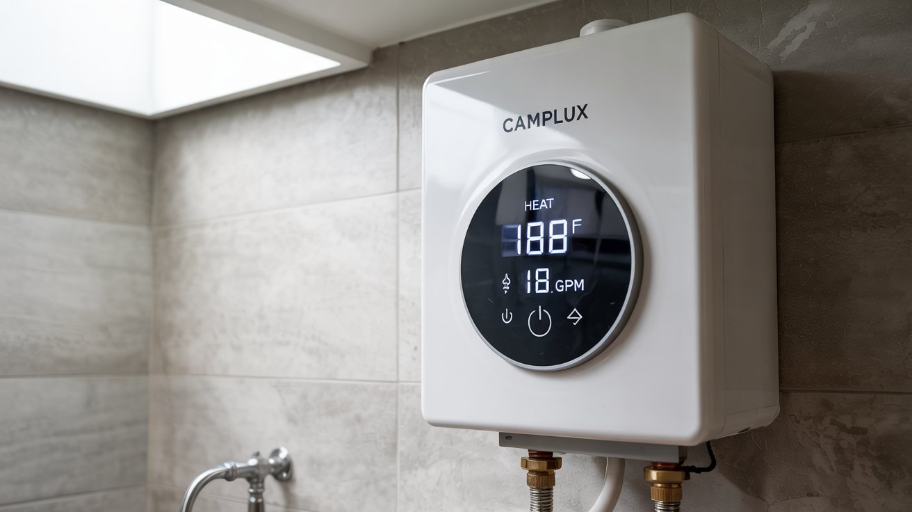 The image shows a white Camplux electric tankless water heater with a digital display showing a temperature of 108°F. The image depicts a front view of a white, rectangular Camplux electric tankless water heater. The device is sleek and modern in design. The most prominent feature is a circular, black digital display in the center. The display shows "108F" indicating the water temperature in Fahrenheit. Above the temperature reading, smaller text displays "Heat" and "1.8 GPM" (gallons per minute). Below the main display, there are three small buttons arranged in a semi-circle: two pointing up and down, presumably to adjust the temperature, and a central power button. The Camplux logo is visible in the upper portion of the unit. The water heater's inlet and outlet connections are displayed at the bottom, with brass fittings showing red and blue indicating hot and cold water respectively. The background is plain, with subtle shadows suggesting indirect light illuminating the device, creating a clean and simple appearance. The overall mood is one of technological efficiency and modern design.