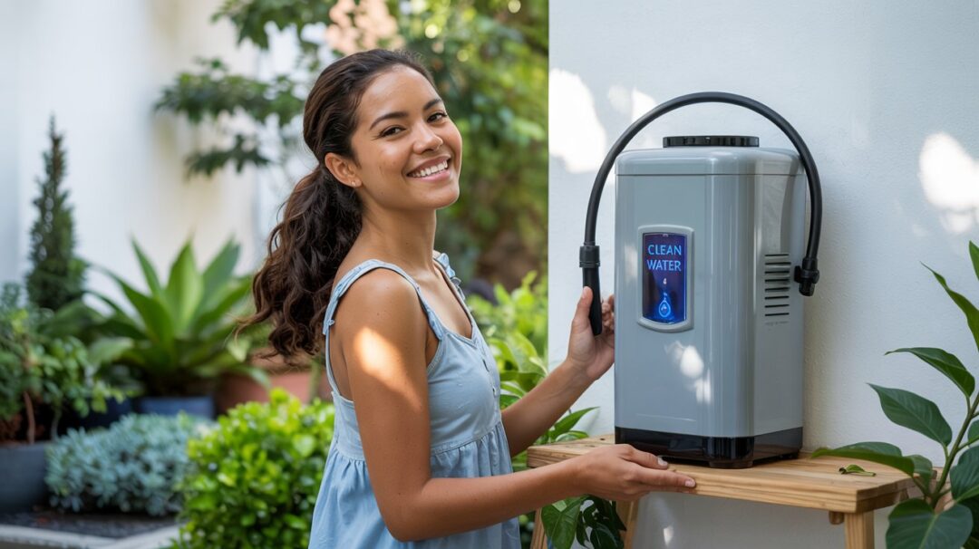 a woman standing by her home water filtration system