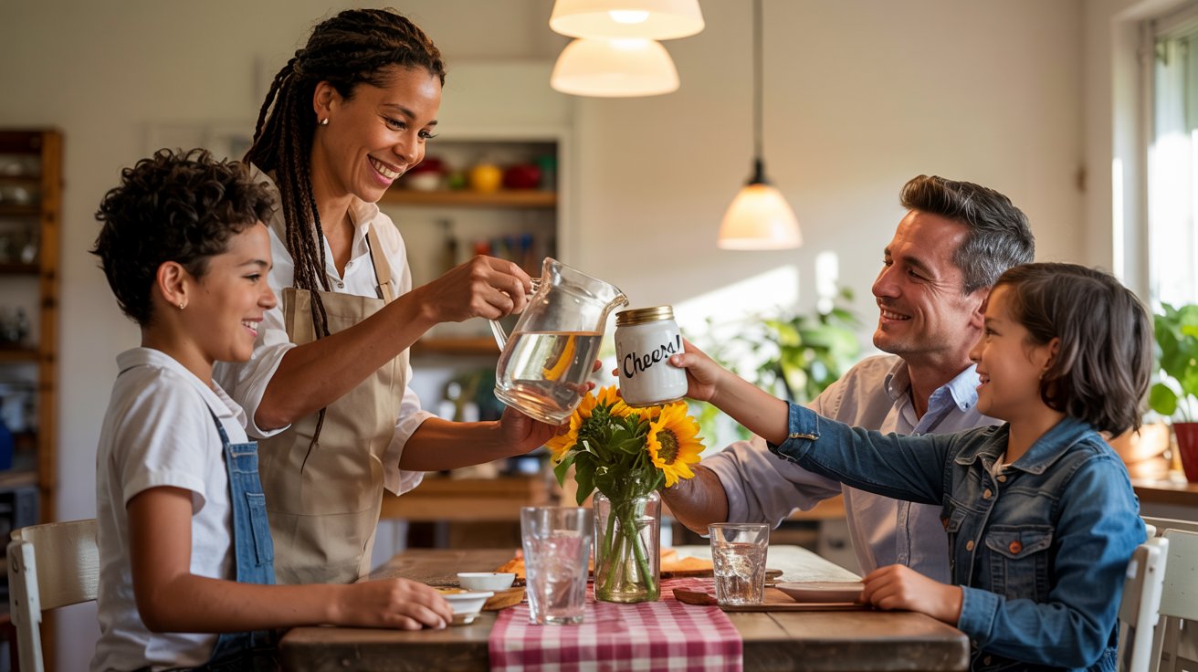 A photograph of a warm and inviting kitchen featuring a family of four gathered around a rustic wooden table. The mother, with kind eyes and braided hair, is pouring water from a vintage glass pitcher into a "Cheers!" painted mason jar held by her smiling daughter. The father and son share a laugh as they clink glasses, illuminated by the soft glow of overhead pendant lights and the dappled sunlight streaming through a nearby window. A vase of sunflowers sits on the table, adding a splash of color to the scene, and a checkered tablecloth creates a cozy, domestic atmosphere.
