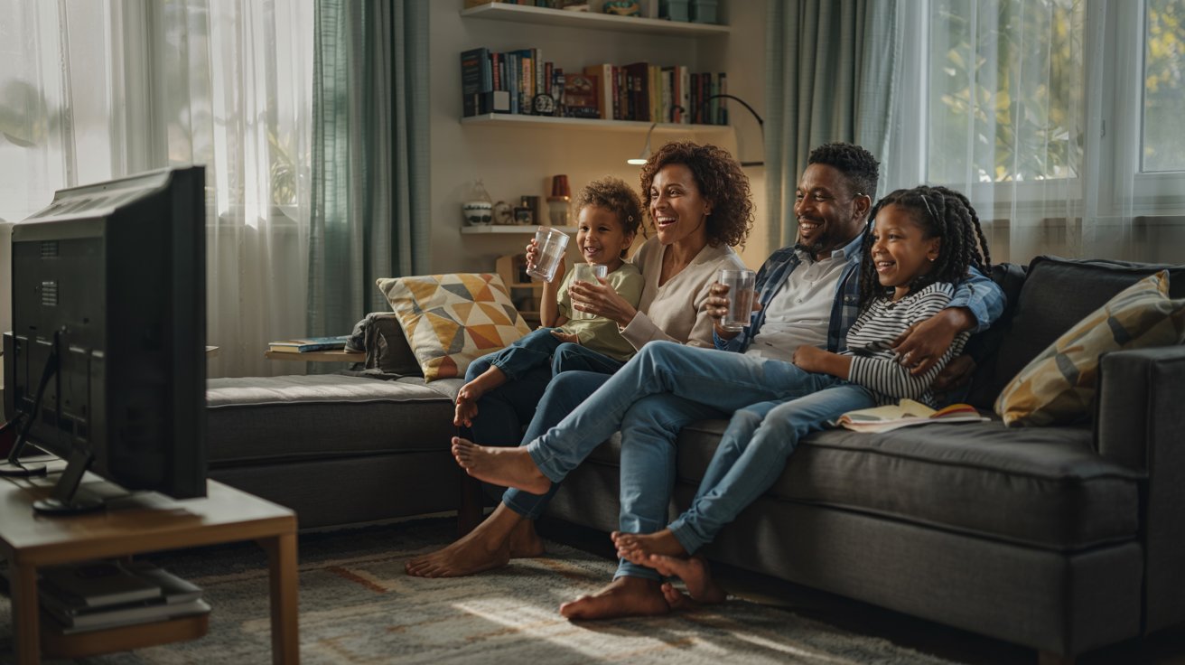 A photograph of a warm and inviting living room featuring a black family gathered comfortably on a plush grey sectional sofa. A mother, father, and two young children are sharing a moment while watching "Family Movie Night" on a large flat-screen television, each holding a glass of cool water. Soft, diffused sunlight streams through sheer curtains, illuminating the room's cozy atmosphere and highlighting the family's joyful expressions. A patterned area rug and a bookshelf filled with books create a sense of home and belonging.