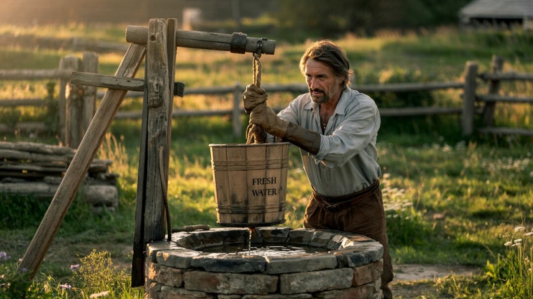 Can Well Water Make You Sick: Understanding the Risks A photograph of a weathered man drawing water from an old stone well in a sun-drenched rural landscape. The man, with a graying beard and worn leather gloves, is using a wooden bucket attached to a rope pulley system, his expression focused and determined. The well is surrounded by wildflowers and tall grass, with a rustic wooden fence in the background and the bucket reads "Fresh Water". Golden sunlight streams through the scene, creating long shadows and highlighting the texture of the stone and wood.