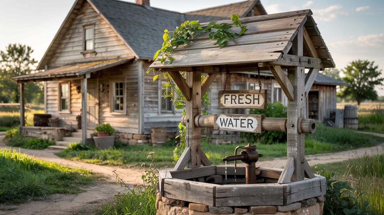 A photograph of a weathered, wooden-covered water well standing proudly in front of a rustic rural farmhouse. The well's wooden structure is adorned with climbing ivy and a hand-painted sign reading "“Fresh Water”", its wooden frame aged to a soft grey. The farmhouse behind the well is a simple two-story structure with faded white paint and a slightly tilted porch. Golden sunlight bathes the scene, casting long shadows and highlighting the textures of the wood and stone, creating a serene and timeless atmosphere.