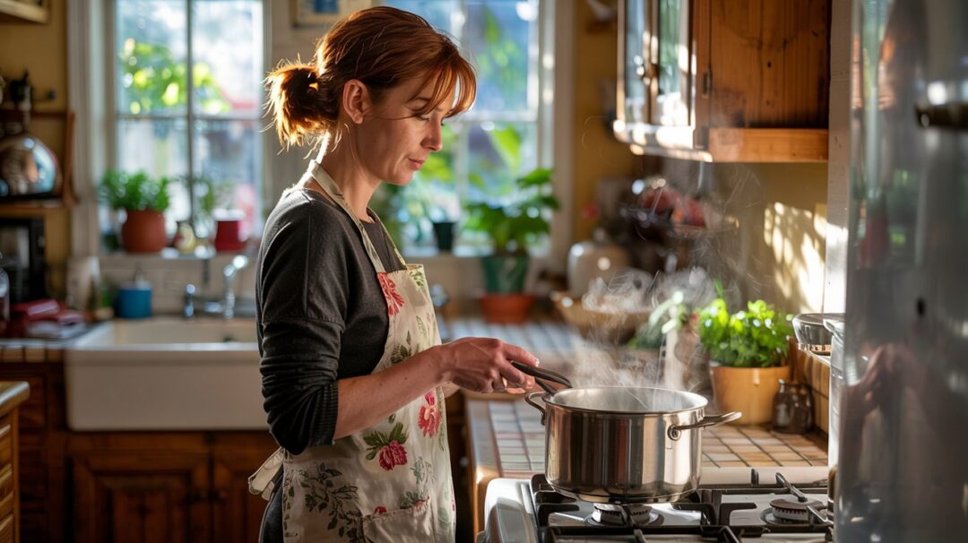 a woman boiling water in a kitchen