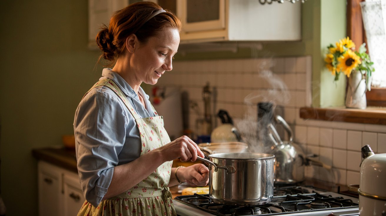 a woman boiling water in a kitchen