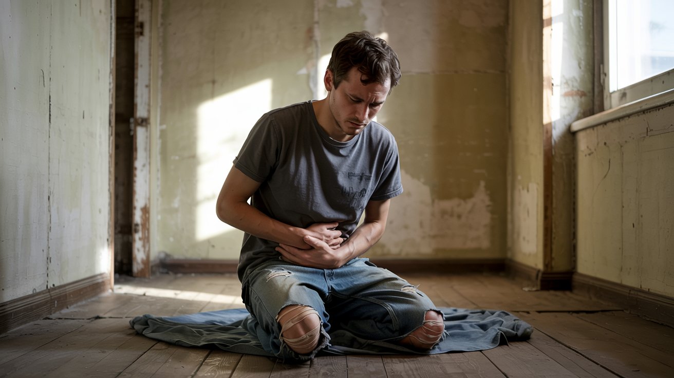A photograph of a young man kneeling on a worn wooden floor, clutching his lower abdomen. He is wearing a faded grey t-shirt and distressed jeans, his face etched with visible pain and a slight grimace. A single shaft of sunlight illuminates him from a nearby window, casting long shadows across the room, while the walls are painted a pale, chipped yellow. The scene evokes a feeling of quiet suffering and vulnerability.