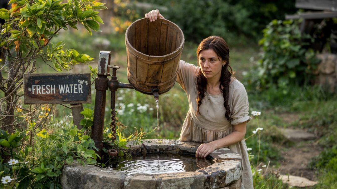 Can Well Water Make You Sick: Understanding the Risks A painterly illustration depicts a young woman drawing water from an ancient stone well, bathed in the warm light of late afternoon. She wears a simple linen dress, its folds catching the breeze as she effortlessly raises a weathered wooden bucket, her face etched with a quiet determination. The well itself is surrounded by overgrown wildflowers and tall grasses, while a rustic wooden cart sits nearby, hinting at the daily rhythm of rural life and a nearby sign reads ““Fresh Water””. Soft, diffused sunlight casts long shadows across the scene, creating a tranquil and timeless atmosphere.