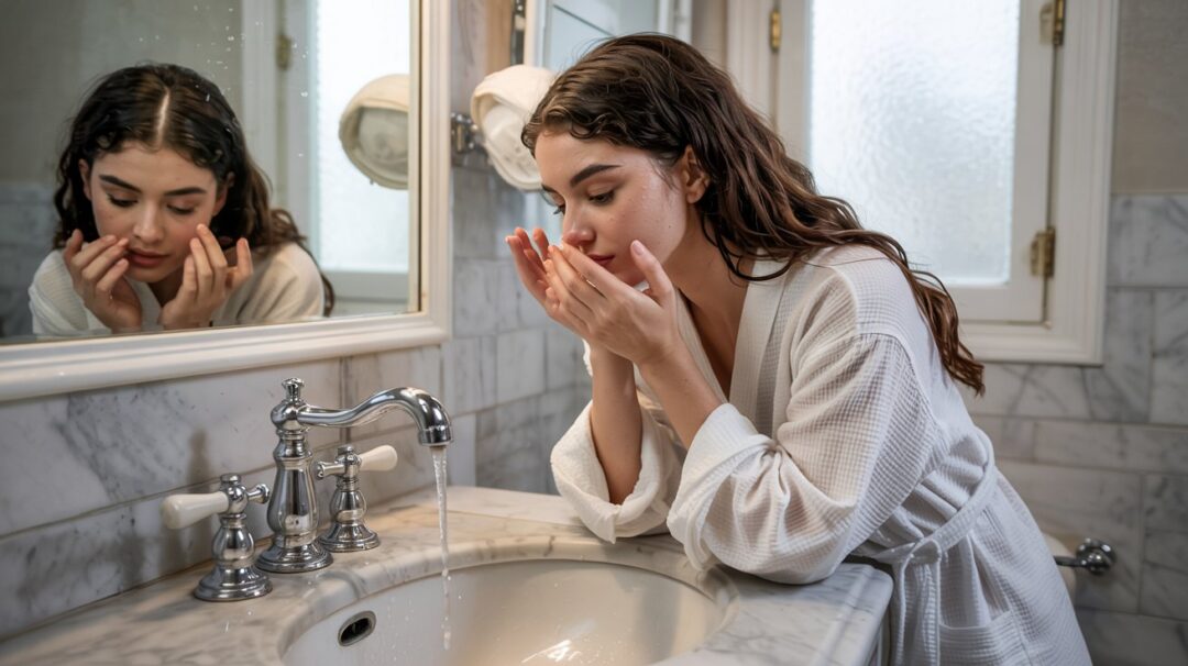 Can Well Water Cause Acne A photograph of a young woman gazing into a bathroom mirror as she washes her face. She has long wavy brown hair, fair skin, and is wearing a simple white linen robe. The bathroom sink is made of marble and has a vintage chrome faucet, with droplets of water cascading from the spout. Soft, diffused light streams in through a frosted window, illuminating the scene and casting a gentle glow on her face.