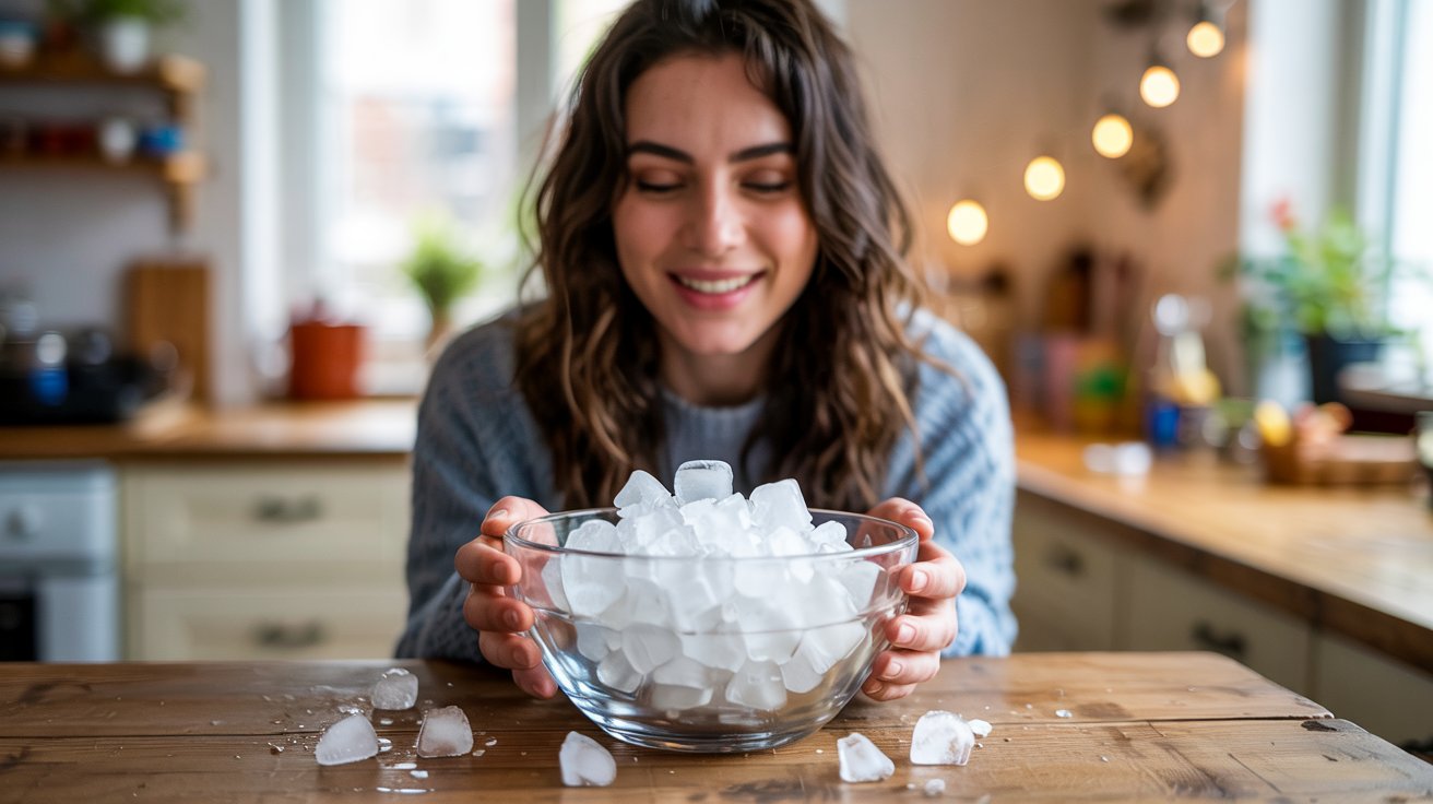 A photograph of a young woman joyfully holding a clear acrylic bowl brimming with nugget ice. She has long, wavy brown hair and is smiling genuinely while gazing at the ice with a look of amusement and delight. The bowl sits on a rustic wooden table bathed in soft, natural light streaming through a nearby window, with a few stray pieces of nugget ice scattered around the bowl. A blurred background of a cozy kitchen with warm colors completes the scene.