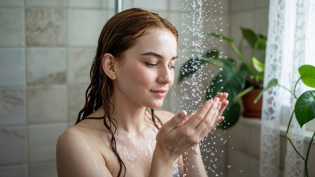Can Well Water Cause Acne A soft, intimate portrait photograph captures a young woman enjoying a refreshing shower. Her long, wavy auburn hair is slicked back from her face, revealing delicate freckles and a peaceful expression as water cascades over her shoulders. She gently cups her hands to wash her face, the droplets catching the light from a nearby window, creating a shimmering effect against the pale ceramic tiles of the shower stall. The background is softly blurred, showing glimpses of a lush green plant and a textured white curtain, lending a calming and serene atmosphere to the scene.
