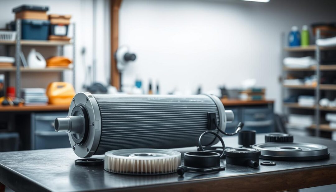 A clean, well-lit workshop setting with a cartridge pool filter prominently displayed on a workbench. The filter is disassembled, its components laid out neatly, showcasing the step-by-step process of thorough cleaning. Soft, directional lighting illuminates the scene, highlighting the intricate details and textures of the filter parts. In the background, shelves stocked with pool maintenance supplies create a sense of an organized, professional workspace. The overall atmosphere is one of expertise and attention to detail, conveying the importance of proper cartridge filter upkeep. A clean, well-lit workshop setting with a cartridge pool filter prominently displayed on a workbench. The filter is disassembled, its components laid out neatly, showcasing the step-by-step process of thorough cleaning. Soft, directional lighting illuminates the scene, highlighting the intricate details and textures of the filter parts. In the background, shelves stocked with pool maintenance supplies create a sense of an organized, professional workspace. The overall atmosphere is one of expertise and attention to detail, conveying the importance of proper cartridge filter upkeep.