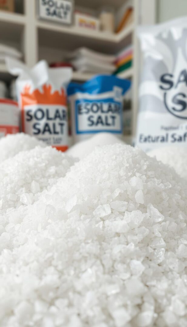 A close-up, high-resolution photograph of various types of salt used in water softener brine. In the foreground, several piles of salt crystals in different shapes and hues, ranging from pure white to off-white and light gray. The middle ground showcases different salt containers, such as bags and boxes, with clear labels indicating the salt type, such as "Solar Salt," "Evaporated Salt," and "Rock Salt." The background is slightly blurred, but shows a clean, well-lit kitchen or pantry setting, with shelves or storage units visible. The lighting is soft and natural, highlighting the texture and clarity of the salt samples. The overall mood is informative and visually appealing, showcasing the diverse options for water softener brine.