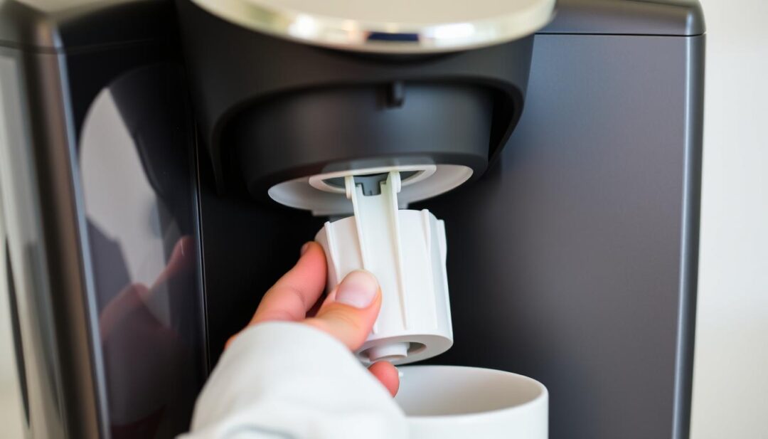 A close-up view of a Keurig 2.0 coffee maker, showcasing the water filter compartment. The filter is being carefully inserted, with the user's hands in focus, conveying a sense of precision and attention to detail. The surroundings are clean and well-lit, with a soft, neutral color palette that emphasizes the product's modern design. The angle is slightly elevated, providing a clear view of the entire process, and the depth of field is shallow, keeping the filter installation in sharp focus while softening the background. The overall mood is one of confidence and competence, reflecting the user's ability to successfully complete this routine maintenance task.