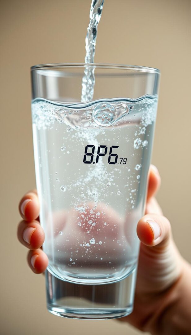 A close-up view of a hand holding a glass filled with crystal-clear water, with a digital display showing the water hardness level in grains per gallon (GPG). The water appears slightly effervescent, with tiny bubbles gently rising to the surface. The lighting is soft and diffused, creating a warm, inviting atmosphere. The background is blurred, drawing the viewer's attention to the central focus of the water hardness display. The image conveys the concept of water quality and the importance of understanding its hardness for health and home maintenance purposes.