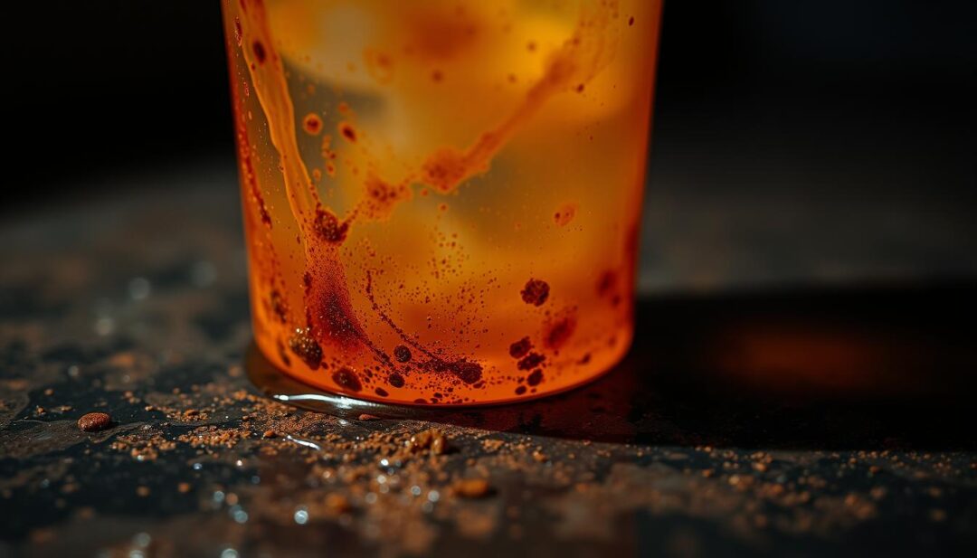 A close-up view of murky, discolored well water with a reddish-brown tint, reflecting the presence of rust. In the foreground, small particles and sediment swirl and dance within the liquid, casting an unsettling, ominous atmosphere. The middle ground features the translucent glass of a drinking glass, partially submerged, highlighting the unhealthy nature of the contaminated water. The background is slightly blurred, emphasizing the focal point of the rusty, unappetizing liquid and its potential health risks. Dramatic low-key lighting casts dramatic shadows, contributing to the sense of unease and the need to address the issue of rust in well water.