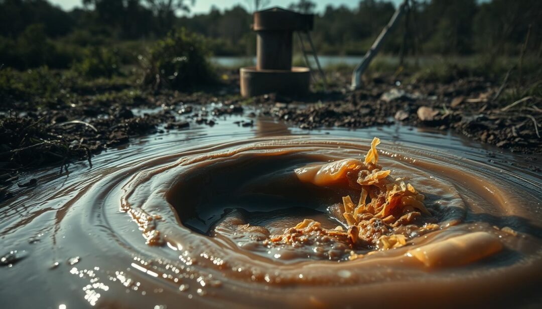 A contaminated well with swirling, murky water tainted by coliform bacteria. In the foreground, a close-up view of the well opening, with brown, discolored water bubbling up. Suspended particulates and floating debris are visible, creating a disturbing, unsanitary appearance. The middle ground depicts the surrounding landscape, with overgrown vegetation and a deteriorating well casing, hinting at the neglect that has led to the contamination. The background is shrouded in an ominous, muted color palette, conveying a sense of unease and the need for immediate action. Dramatic, low-angle lighting casts long shadows, emphasizing the severity of the situation. This image should evoke a strong sense of urgency and the requirement for swift remediation to ensure the safety of the well water.