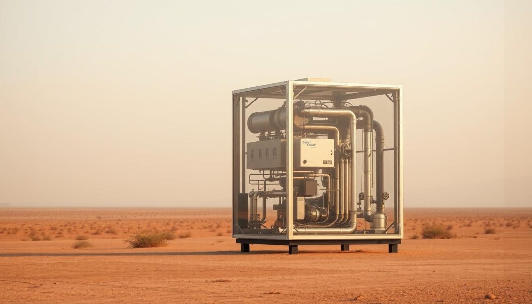 A cutting-edge atmospheric water generator set against a backdrop of a dry, arid landscape. In the foreground, the sleek, futuristic device stands proudly, its advanced components and mechanisms visible through a transparent housing. Intricate piping and control panels suggest a complex, highly engineered system. The middle ground showcases the generator's scale, its towering presence dwarfing the surrounding terrain. In the distance, a hazy horizon reflects the low-humidity conditions, emphasizing the device's purpose and the challenges it is designed to overcome. Warm, neutral lighting casts a subtle glow, highlighting the device's technical sophistication and the ingenuity required to extract water from the dry air. A cutting-edge atmospheric water generator set against a backdrop of a dry, arid landscape. In the foreground, the sleek, futuristic device stands proudly, its advanced components and mechanisms visible through a transparent housing. Intricate piping and control panels suggest a complex, highly engineered system. The middle ground showcases the generator's scale, its towering presence dwarfing the surrounding terrain. In the distance, a hazy horizon reflects the low-humidity conditions, emphasizing the device's purpose and the challenges it is designed to overcome. Warm, neutral lighting casts a subtle glow, highlighting the device's technical sophistication and the ingenuity required to extract water from the dry air.