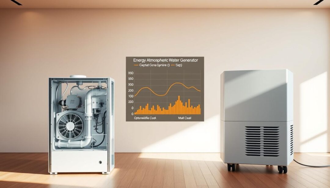 A detailed comparison of energy efficiency between an atmospheric water generator and a dehumidifier, set against a sleek, modern backdrop. The foreground showcases the two devices side-by-side, their intricate inner workings visible through transparent casings. The middle ground features a graph or chart highlighting their respective power consumption and operating costs, conveying the technical data in a visually striking manner. The background is a minimalist, well-lit environment, emphasizing the stark contrast between the devices and their energy-saving capabilities. Warm, neutral tones create a sense of balance and professionalism, while strategic camera angles and lighting accentuate the devices' elegant, efficient designs. A detailed comparison of energy efficiency between an atmospheric water generator and a dehumidifier, set against a sleek, modern backdrop. The foreground showcases the two devices side-by-side, their intricate inner workings visible through transparent casings. The middle ground features a graph or chart highlighting their respective power consumption and operating costs, conveying the technical data in a visually striking manner. The background is a minimalist, well-lit environment, emphasizing the stark contrast between the devices and their energy-saving capabilities. Warm, neutral tones create a sense of balance and professionalism, while strategic camera angles and lighting accentuate the devices' elegant, efficient designs.