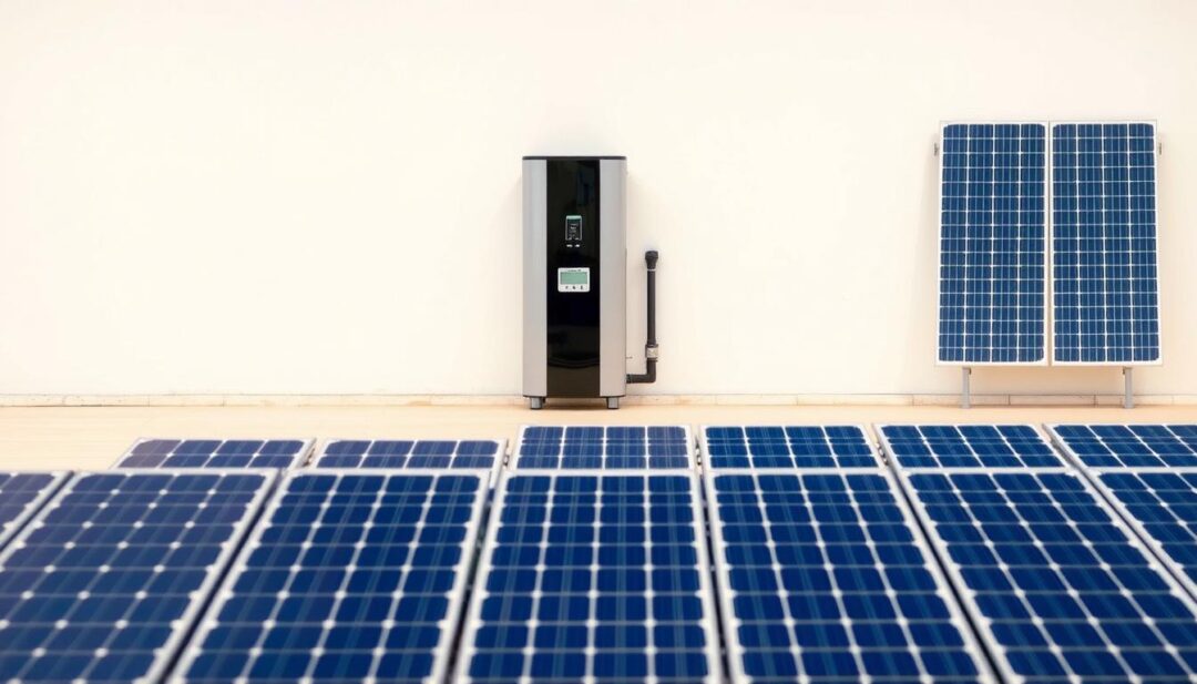 A detailed solar panel calculation for a heat pump water heater, set against a clean, minimalist background. The foreground features an array of solar panels, precisely arranged to illustrate the energy needs of the water heater. In the middle ground, a sleek, modern heat pump water heater stands, its technical specifications visible. The background is a soft, neutral tone, allowing the solar panel diagram and the water heater to take center stage. The lighting is natural and diffused, creating a sense of clarity and precision. The overall mood is one of technical expertise and environmental responsibility. A detailed solar panel calculation for a heat pump water heater, set against a clean, minimalist background. The foreground features an array of solar panels, precisely arranged to illustrate the energy needs of the water heater. In the middle ground, a sleek, modern heat pump water heater stands, its technical specifications visible. The background is a soft, neutral tone, allowing the solar panel diagram and the water heater to take center stage. The lighting is natural and diffused, creating a sense of clarity and precision. The overall mood is one of technical expertise and environmental responsibility.