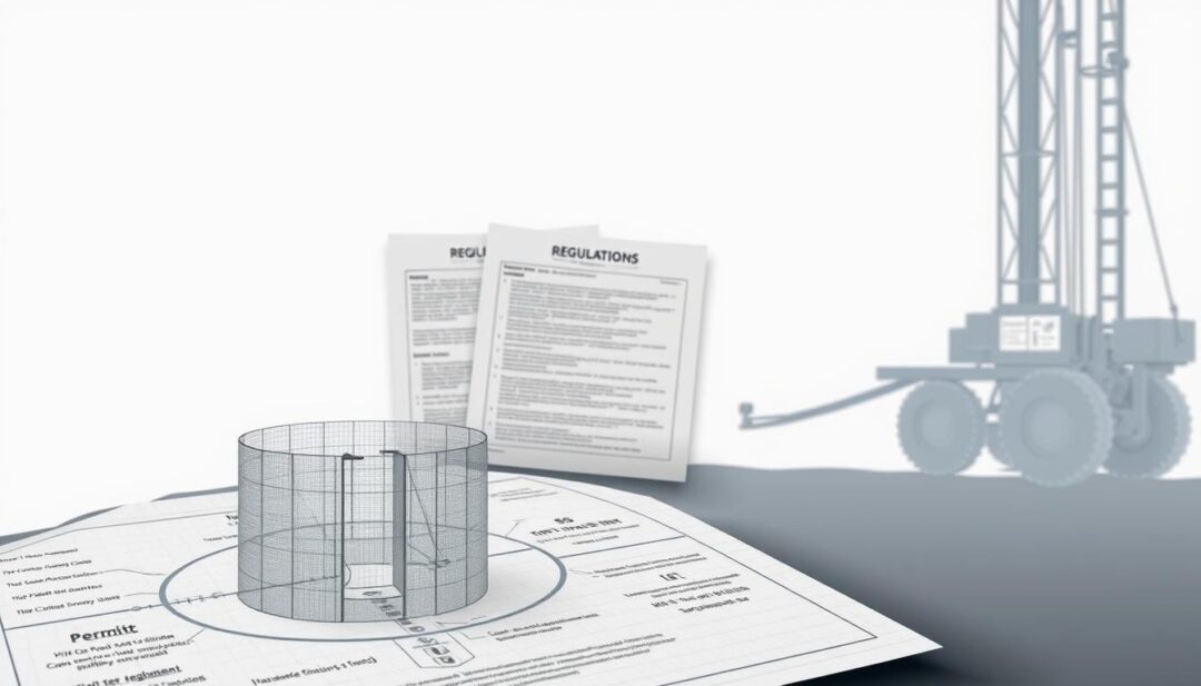 A detailed technical illustration showcasing Water Well Drilling regulations, set against a clean, minimalist background. Crisp, high-resolution rendering with a technical blueprint aesthetic. Prominently featured in the foreground, a detailed schematic of a water well system, annotated with key regulatory requirements such as well depth, casing, and sanitary seal specifications. In the middle ground, a series of regulatory documents and permit forms. In the background, a subtly rendered wireframe silhouette of a drilling rig, conveying the practical application of the regulations. Muted color palette with a focus on architectural grays, blues, and whites to evoke an official, authoritative tone. A detailed technical illustration showcasing Water Well Drilling regulations, set against a clean, minimalist background. Crisp, high-resolution rendering with a technical blueprint aesthetic. Prominently featured in the foreground, a detailed schematic of a water well system, annotated with key regulatory requirements such as well depth, casing, and sanitary seal specifications. In the middle ground, a series of regulatory documents and permit forms. In the background, a subtly rendered wireframe silhouette of a drilling rig, conveying the practical application of the regulations. Muted color palette with a focus on architectural grays, blues, and whites to evoke an official, authoritative tone.