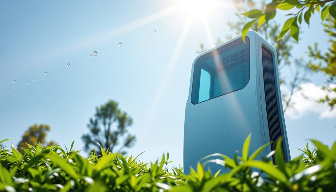 A futuristic eco-friendly water generator, sleek and efficient, stands in a serene natural setting. The device is surrounded by lush greenery, with a clear blue sky overhead. Sunlight streams through, casting a warm glow on the generator's minimalist, high-tech design. Delicate water droplets float in the air, highlighting the generator's ability to harvest moisture from the atmosphere. The scene conveys a sense of harmony between technology and the environment, showcasing the potential for sustainable water solutions that reduce energy consumption compared to traditional methods. A futuristic eco-friendly water generator, sleek and efficient, stands in a serene natural setting. The device is surrounded by lush greenery, with a clear blue sky overhead. Sunlight streams through, casting a warm glow on the generator's minimalist, high-tech design. Delicate water droplets float in the air, highlighting the generator's ability to harvest moisture from the atmosphere. The scene conveys a sense of harmony between technology and the environment, showcasing the potential for sustainable water solutions that reduce energy consumption compared to traditional methods.