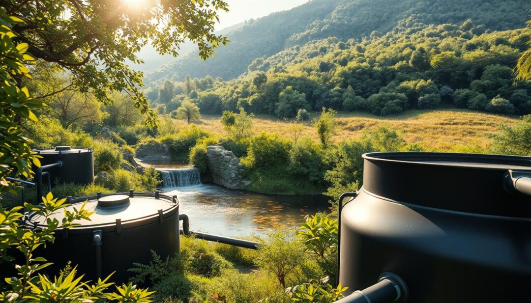 A lush, verdant landscape with a modern, eco-friendly black water treatment system at its center. In the foreground, a series of interconnected tanks and pipes, their sleek black surfaces contrasting with the vibrant greenery surrounding them. Sunlight filters through the canopy of trees, casting a warm, natural glow over the scene. In the middle ground, a small, cascading waterfall flows into a tranquil pond, its crystal-clear waters home to thriving aquatic life. In the background, rolling hills covered in dense foliage create a serene, secluded atmosphere. The entire composition evokes a sense of harmony between technology and nature, showcasing the possibilities of sustainable, off-grid black water management.