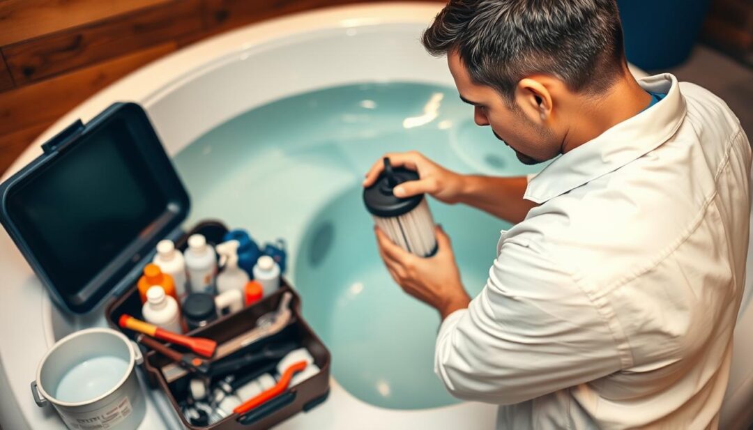 A neatly organized hot tub maintenance area, with a well-stocked toolbox, cleaning supplies, and a fresh water-filled bucket. The tub is in the background, its gleaming surface reflecting the warm lighting from above. A technician, wearing a clean, professional uniform, is meticulously inspecting the filter, evaluating its condition with a keen eye. The scene conveys a sense of diligence and proactive care, emphasizing the importance of regular hot tub maintenance to prevent unsightly slime buildup. A neatly organized hot tub maintenance area, with a well-stocked toolbox, cleaning supplies, and a fresh water-filled bucket. The tub is in the background, its gleaming surface reflecting the warm lighting from above. A technician, wearing a clean, professional uniform, is meticulously inspecting the filter, evaluating its condition with a keen eye. The scene conveys a sense of diligence and proactive care, emphasizing the importance of regular hot tub maintenance to prevent unsightly slime buildup.