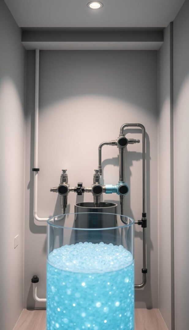 A pristine, well-lit interior scene depicting the regeneration process of a modern home water softener system. The foreground features a transparent, cylindrical water softener tank filled with translucent resin beads, glowing with a soft blue hue. In the middle ground, a series of intricate valves and piping systems are visible, showcasing the complex mechanics that facilitate the regeneration cycle. The background reveals a sleek, minimalist design with clean lines and muted tones, creating a sense of advanced technology and efficiency. Lighting falls softly from above, casting gentle shadows and highlighting the system's key components. The overall mood conveys the tangible benefits of proper water softener regeneration - improved water quality, extended equipment lifespan, and enhanced home efficiency.