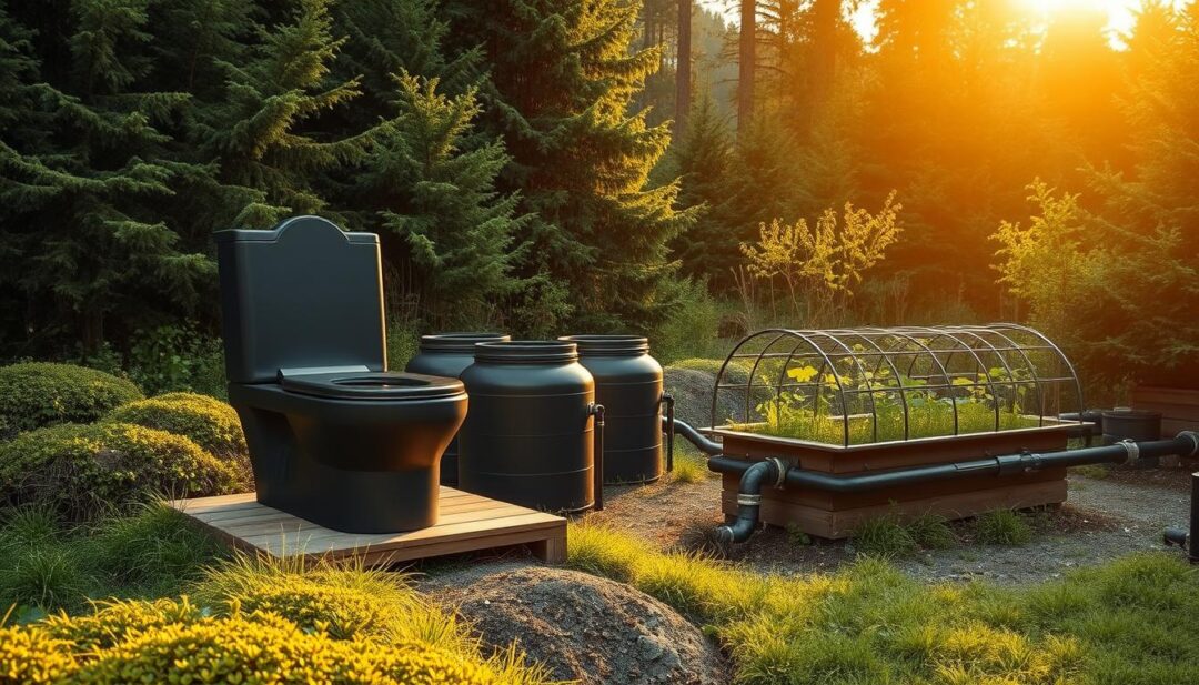 A rustic off-grid DIY black water system nestled in a lush, verdant landscape. In the foreground, a sleek black composting toilet stands atop a raised wooden platform, its design blending seamlessly with the natural surroundings. In the middle ground, a series of strategically placed dark-colored tanks and pipes convey the wastewater system, while a small, custom-built greenhouse flourishes nearby, utilizing the nutrient-rich effluent. The background features a backdrop of towering evergreens, their canopy filtering the warm, golden sunlight that casts a gentle glow across the entire scene. The overall atmosphere is one of self-sufficiency, sustainability, and a harmonious integration of man-made and natural elements.