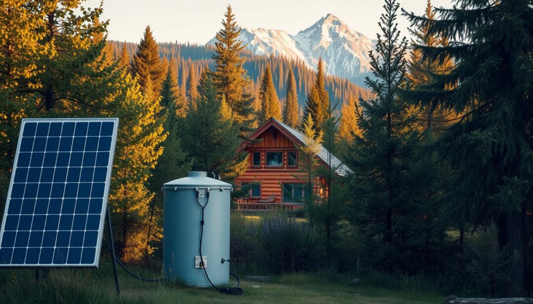 A rustic off-grid hot water system nestled in a lush, forested landscape. The system, composed of solar panels and a storage tank, stands proudly in the foreground, its utilitarian design blending seamlessly with the natural surroundings. In the middle ground, a small, cozy cabin peeks out from behind leafy trees, its warm, weathered wood siding complementing the earthy tones of the environment. The background features a picturesque mountain range, its peaks dusted with a light layer of snow, creating a serene and tranquil atmosphere. The lighting is soft and diffused, casting a warm, golden glow over the entire scene, evoking a sense of peaceful, self-sufficient living.