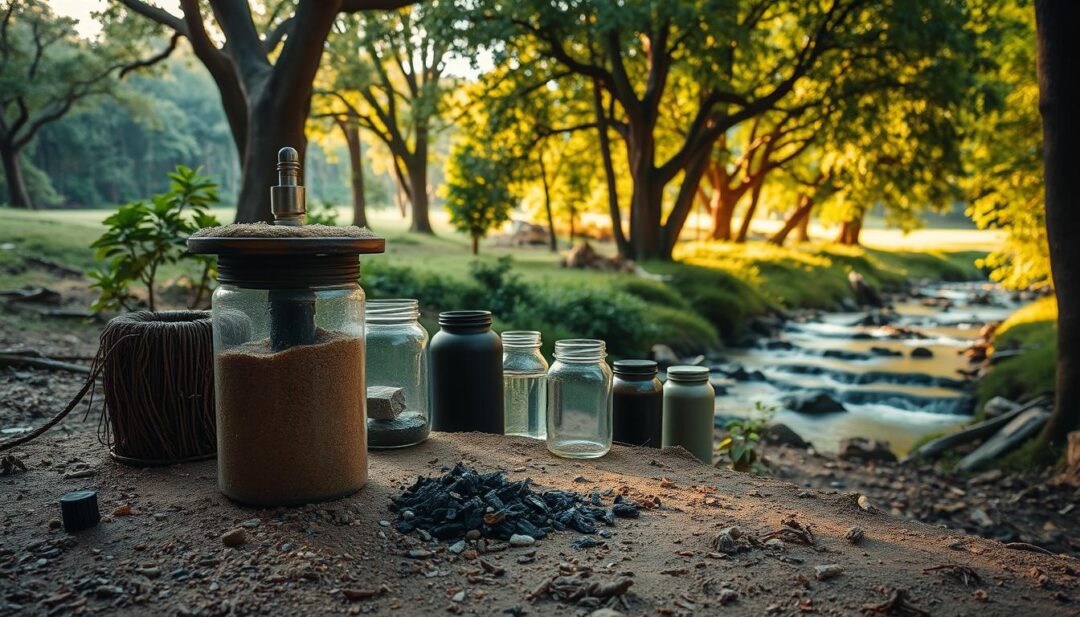 A rustic, off-grid water purification setup in a natural, outdoor setting. In the foreground, a hand-crafted water filter made from natural materials like sand, gravel, and charcoal. In the middle ground, a collection of jars and containers for storing and transporting the purified water. In the background, a lush, verdant landscape with towering trees and a serene, flowing stream. Warm, golden sunlight filters through the foliage, casting a soft, inviting glow over the entire scene. The composition conveys a sense of self-sufficiency, sustainability, and connection to the natural world. A rustic, off-grid water purification setup in a natural, outdoor setting. In the foreground, a hand-crafted water filter made from natural materials like sand, gravel, and charcoal. In the middle ground, a collection of jars and containers for storing and transporting the purified water. In the background, a lush, verdant landscape with towering trees and a serene, flowing stream. Warm, golden sunlight filters through the foliage, casting a soft, inviting glow over the entire scene. The composition conveys a sense of self-sufficiency, sustainability, and connection to the natural world.