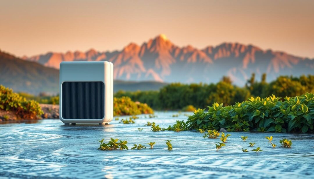 A serene landscape showcasing a sustainable water generation system. In the foreground, a sleek, modern atmospheric water generator device harvests moisture from the air, its clean lines and minimalist design blending seamlessly into the natural environment. The middle ground features lush, verdant foliage thriving in the abundant water supply, reflecting the generator's efficiency. In the background, a magnificent mountain range stands tall, its peaks bathed in warm, golden sunlight that casts a gentle glow over the entire scene. The overall mood is one of harmony, innovation, and environmental stewardship, conveying the power of renewable water technology to transform and enhance various settings. A serene landscape showcasing a sustainable water generation system. In the foreground, a sleek, modern atmospheric water generator device harvests moisture from the air, its clean lines and minimalist design blending seamlessly into the natural environment. The middle ground features lush, verdant foliage thriving in the abundant water supply, reflecting the generator's efficiency. In the background, a magnificent mountain range stands tall, its peaks bathed in warm, golden sunlight that casts a gentle glow over the entire scene. The overall mood is one of harmony, innovation, and environmental stewardship, conveying the power of renewable water technology to transform and enhance various settings.