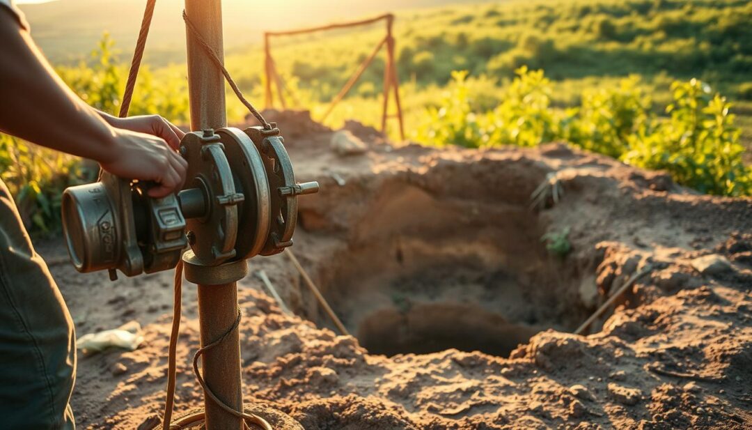 A serene off-grid well drilling scene, bathed in warm, natural lighting. In the foreground, a person carefully operates a hand-powered well drilling rig, its mechanisms turning steadily. The middle ground reveals the partially constructed well, the earth's layers exposed, showcasing sustainable techniques like using locally sourced materials. In the background, a lush, verdant landscape frames the scene, highlighting the harmony between human ingenuity and the natural environment. The overall atmosphere conveys a sense of self-reliance, environmental consciousness, and a connection to the land. A serene off-grid well drilling scene, bathed in warm, natural lighting. In the foreground, a person carefully operates a hand-powered well drilling rig, its mechanisms turning steadily. The middle ground reveals the partially constructed well, the earth's layers exposed, showcasing sustainable techniques like using locally sourced materials. In the background, a lush, verdant landscape frames the scene, highlighting the harmony between human ingenuity and the natural environment. The overall atmosphere conveys a sense of self-reliance, environmental consciousness, and a connection to the land.