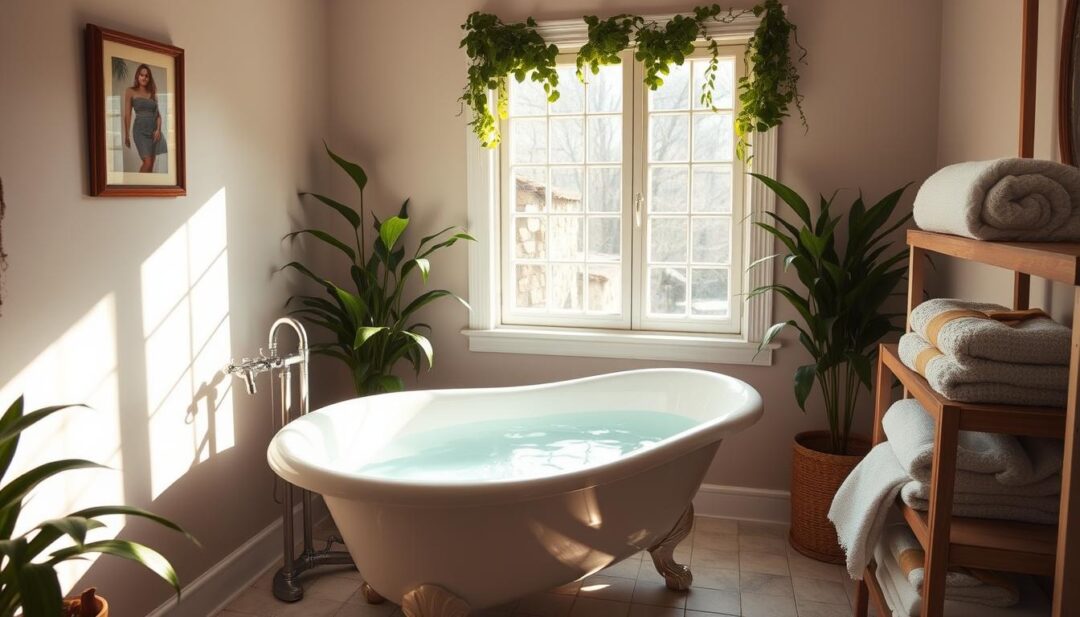 A serene, well-lit bathroom with a claw-foot bathtub filled with clear, glistening well water. Natural light streams in through a large window, casting a warm, golden glow. Lush, verdant plants line the edges, adding a touch of earthy elegance. Soft, fluffy towels are neatly folded on a nearby shelf, inviting a cozy post-bath experience. The overall atmosphere exudes a sense of tranquility and relaxation, perfectly capturing the practical tips for bathing in well water. A serene, well-lit bathroom with a claw-foot bathtub filled with clear, glistening well water. Natural light streams in through a large window, casting a warm, golden glow. Lush, verdant plants line the edges, adding a touch of earthy elegance. Soft, fluffy towels are neatly folded on a nearby shelf, inviting a cozy post-bath experience. The overall atmosphere exudes a sense of tranquility and relaxation, perfectly capturing the practical tips for bathing in well water.