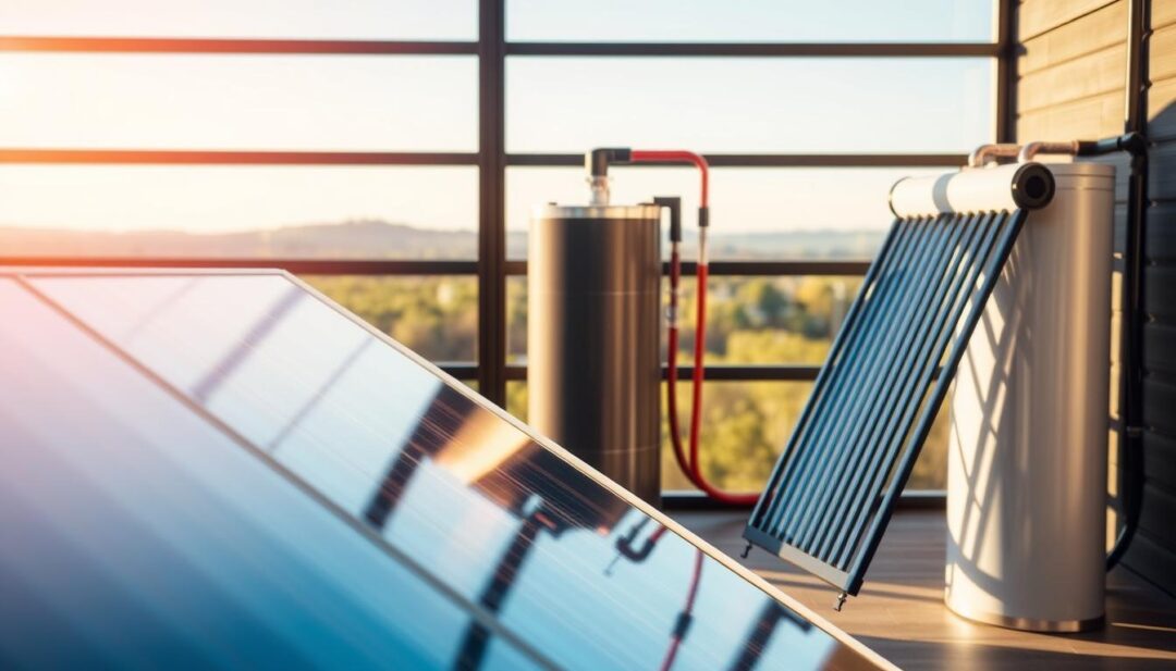 A side-by-side comparison of solar water heating systems and their conventional counterparts, captured in a well-lit, modern setting. The foreground showcases the sleek, minimalist design of a solar collector panel, its smooth surface reflecting the warm hues of the sunlight. In the middle ground, a traditional gas-powered water heater stands in contrast, its utilitarian appearance hinting at higher energy consumption. The background reveals a serene, natural landscape, subtly highlighting the environmental benefits of the solar system. The overall composition conveys a sense of technological innovation and environmental consciousness, inviting the viewer to consider the trade-offs between the two heating solutions. A side-by-side comparison of solar water heating systems and their conventional counterparts, captured in a well-lit, modern setting. The foreground showcases the sleek, minimalist design of a solar collector panel, its smooth surface reflecting the warm hues of the sunlight. In the middle ground, a traditional gas-powered water heater stands in contrast, its utilitarian appearance hinting at higher energy consumption. The background reveals a serene, natural landscape, subtly highlighting the environmental benefits of the solar system. The overall composition conveys a sense of technological innovation and environmental consciousness, inviting the viewer to consider the trade-offs between the two heating solutions.