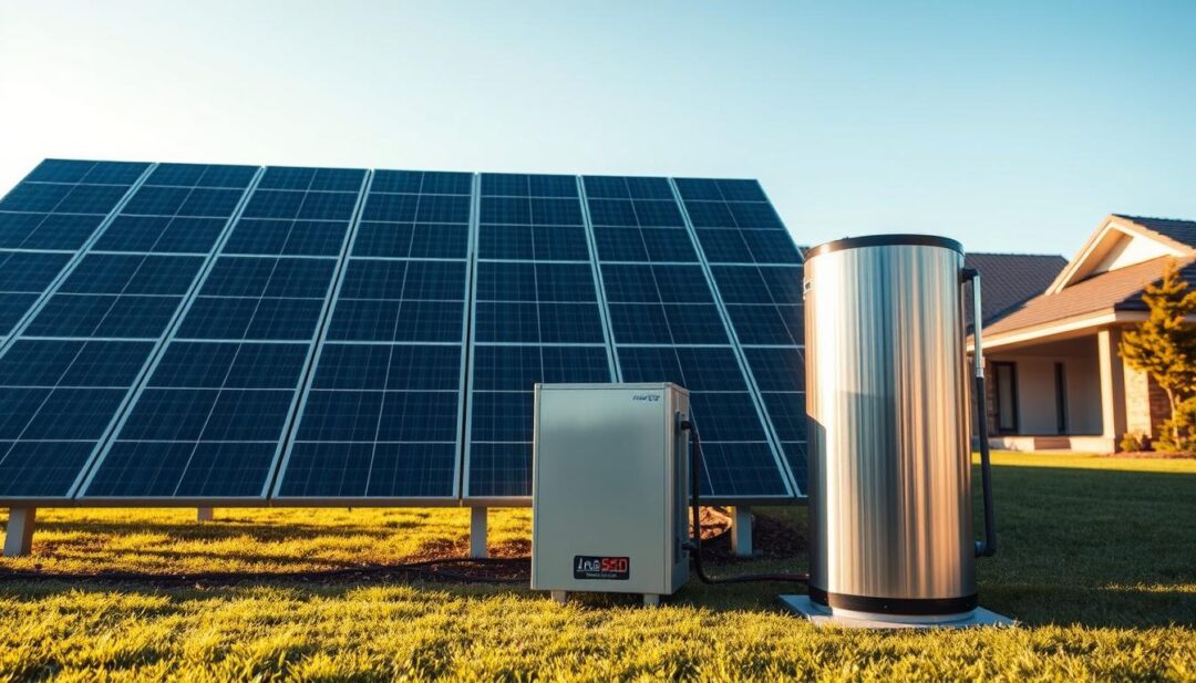 A sleek, modern solar panel installation strategically positioned to power a heat pump water heater. The panels, arranged in a clean, symmetrical grid, glisten in the warm afternoon sunlight, their surfaces reflecting the sky's soft blue hues. In the foreground, the heat pump water heater stands proudly, its metallic exterior gleaming. The background features a well-manicured lawn and a contemporary home, seamlessly integrating the renewable energy system. Crisp shadows and even lighting create a sense of depth and balance, highlighting the efficient and visually appealing design. The overall scene conveys a harmonious blend of sustainable technology and thoughtful architectural integration. A sleek, modern solar panel installation strategically positioned to power a heat pump water heater. The panels, arranged in a clean, symmetrical grid, glisten in the warm afternoon sunlight, their surfaces reflecting the sky's soft blue hues. In the foreground, the heat pump water heater stands proudly, its metallic exterior gleaming. The background features a well-manicured lawn and a contemporary home, seamlessly integrating the renewable energy system. Crisp shadows and even lighting create a sense of depth and balance, highlighting the efficient and visually appealing design. The overall scene conveys a harmonious blend of sustainable technology and thoughtful architectural integration.