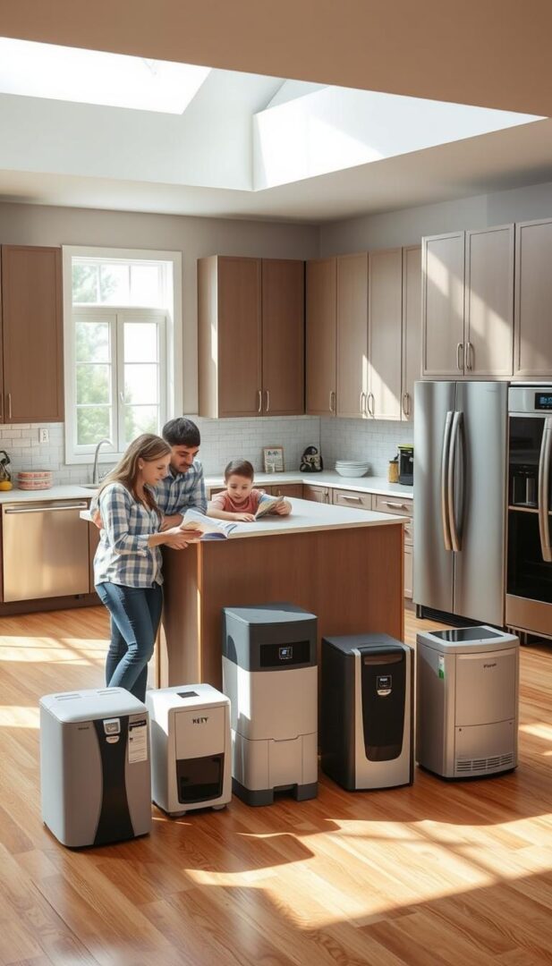A spacious, well-lit kitchen interior with natural lighting flooding through large windows. In the foreground, a family gathers around a kitchen island, examining brochures and product catalogs, discussing the merits of various water softener models. The middle ground features a display of different water softener units, each showcasing its unique features and capabilities. In the background, sleek cabinetry and modern appliances create a harmonious, contemporary setting. The overall atmosphere is one of thoughtful consideration, as the family contemplates the best water softener to install in their home, balancing functionality, efficiency, and aesthetic appeal. A spacious, well-lit kitchen interior with natural lighting flooding through large windows. In the foreground, a family gathers around a kitchen island, examining brochures and product catalogs, discussing the merits of various water softener models. The middle ground features a display of different water softener units, each showcasing its unique features and capabilities. In the background, sleek cabinetry and modern appliances create a harmonious, contemporary setting. The overall atmosphere is one of thoughtful consideration, as the family contemplates the best water softener to install in their home, balancing functionality, efficiency, and aesthetic appeal.