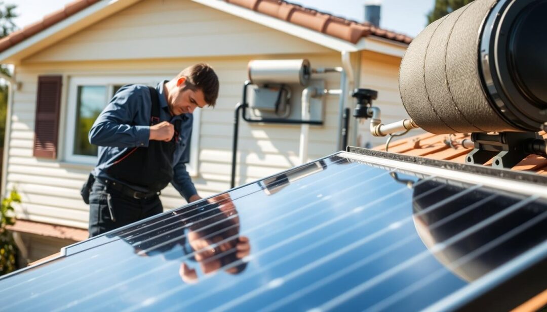A technician performing routine maintenance on a residential solar water heating system. In the foreground, they are inspecting the solar collector panels, checking for any cracks, debris, or damage. In the middle ground, the storage tank and piping system are visible, with the technician examining the connections and checking for leaks. The background shows the home's exterior, with the solar installation integrated seamlessly into the roofline. The scene is well-lit, with natural sunlight casting soft shadows and highlighting the system's components. The overall mood conveys a sense of diligence and care, underscoring the importance of regular maintenance for the longevity and optimal performance of the solar water heating system. A technician performing routine maintenance on a residential solar water heating system. In the foreground, they are inspecting the solar collector panels, checking for any cracks, debris, or damage. In the middle ground, the storage tank and piping system are visible, with the technician examining the connections and checking for leaks. The background shows the home's exterior, with the solar installation integrated seamlessly into the roofline. The scene is well-lit, with natural sunlight casting soft shadows and highlighting the system's components. The overall mood conveys a sense of diligence and care, underscoring the importance of regular maintenance for the longevity and optimal performance of the solar water heating system.