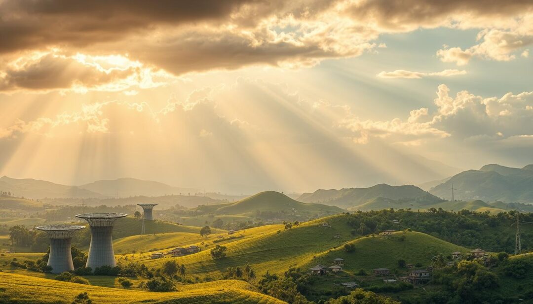 A vast, cloud-filled sky with rays of warm sunlight filtering through, illuminating a lush, verdant landscape below. In the foreground, a network of sleek, futuristic-looking atmospheric water harvesting towers stand tall, their curved designs and translucent panels harnessing moisture from the air. The middle ground features rolling hills dotted with small, sustainable homes and biodiverse vegetation, all powered by the clean water generated by the atmospheric systems. In the background, towering mountains rise, their peaks shrouded in wispy clouds, creating a serene and harmonious scene of nature and technology working in tandem to provide a sustainable source of fresh water. A vast, cloud-filled sky with rays of warm sunlight filtering through, illuminating a lush, verdant landscape below. In the foreground, a network of sleek, futuristic-looking atmospheric water harvesting towers stand tall, their curved designs and translucent panels harnessing moisture from the air. The middle ground features rolling hills dotted with small, sustainable homes and biodiverse vegetation, all powered by the clean water generated by the atmospheric systems. In the background, towering mountains rise, their peaks shrouded in wispy clouds, creating a serene and harmonious scene of nature and technology working in tandem to provide a sustainable source of fresh water.