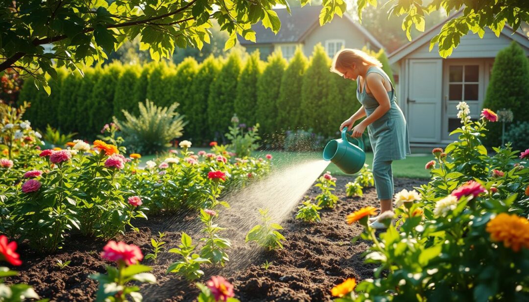 A vibrant, well-tended garden with lush foliage and blooming flowers. In the foreground, a gardener tenderly waters the soil, their movements graceful and purposeful. Sunlight filters through the canopy, casting a warm glow over the scene. The background features a neatly trimmed hedgerow and a picturesque shed, suggesting a sense of order and care. The overall atmosphere is one of tranquility and nurturing, reflecting the effort required to maintain a thriving garden. The image conveys the importance of proper watering techniques to address common challenges and ensure a healthy, well-watered garden. A vibrant, well-tended garden with lush foliage and blooming flowers. In the foreground, a gardener tenderly waters the soil, their movements graceful and purposeful. Sunlight filters through the canopy, casting a warm glow over the scene. The background features a neatly trimmed hedgerow and a picturesque shed, suggesting a sense of order and care. The overall atmosphere is one of tranquility and nurturing, reflecting the effort required to maintain a thriving garden. The image conveys the importance of proper watering techniques to address common challenges and ensure a healthy, well-watered garden.