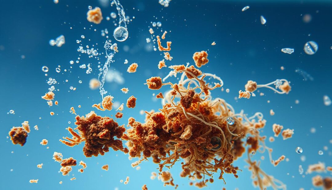 A well-lit close-up photograph of various contaminants suspended in clear, still well water. In the foreground, a cluster of reddish-brown iron deposits, flecks of sediment, and wisps of organic matter swirling through the liquid. The middle ground reveals dissolved minerals like calcium and magnesium, creating a hazy, cloudy appearance. In the background, hints of other impurities like nitrates, pesticides, and microorganisms are barely visible, adding an ominous undertone. The lighting is soft and diffused, creating a sense of depth and transparency, while the camera angle emphasizes the intimate scale of the water sample. The overall mood is one of scientific curiosity and environmental concern.